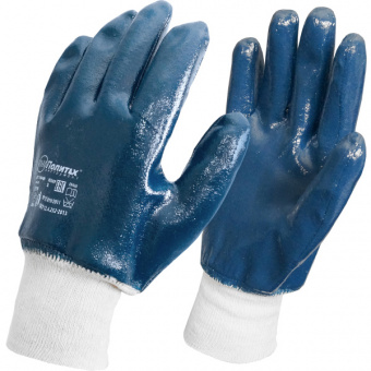 Перчатки трикотажные, X/Б, Маслобензостойкие, двойной нитриловый облив, синие, манжет, XL