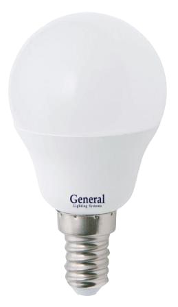 Лампа светодиодная GENERAL 7W E14 4500K, шар, матовая.