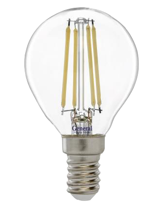 Лампа светодиодная GENERAL 7W E14 2700K, шар, филаментная, прозрачная.