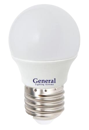 Лампа светодиодная GENERAL 7W E27 4500K, шар, матовая.