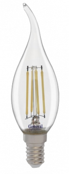 Лампа светодиодная GENERAL  7W E14 свеча на ветру 4500K нитевидная, прозрач.